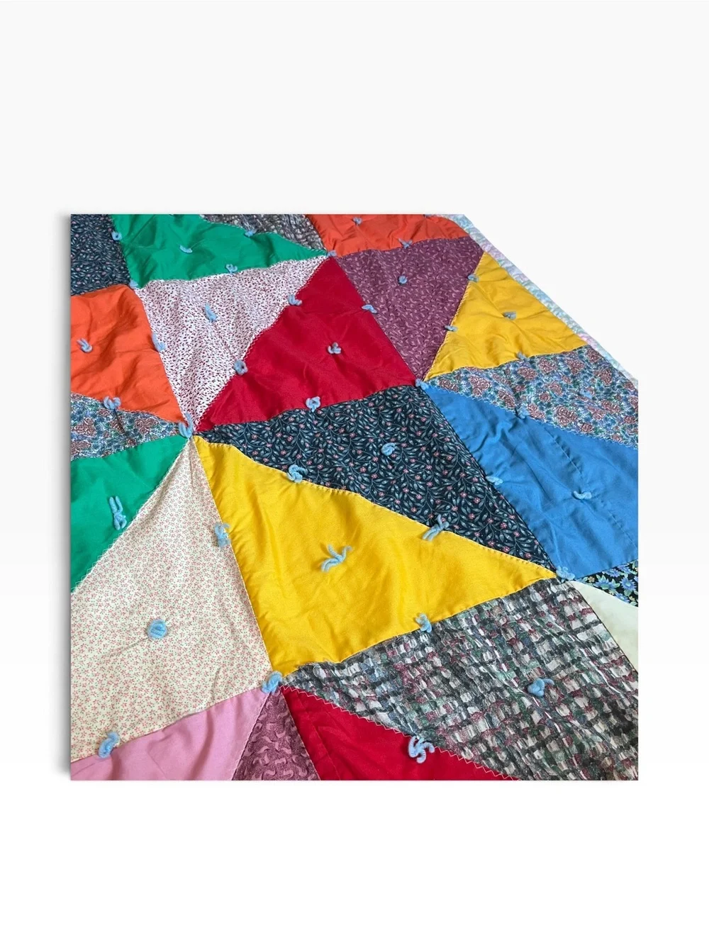 Patchwork Baby Quilt  Square Triangles Multicolor Handmade 46”x46” Lap Blanket